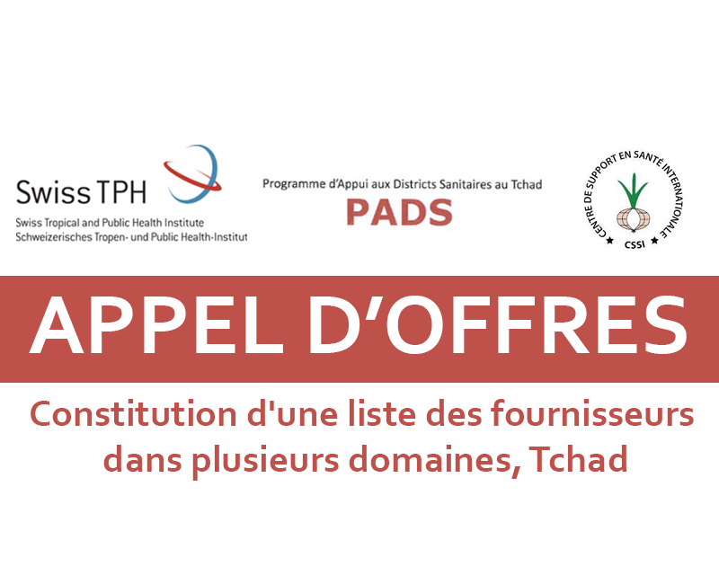 Le Programme d’Appui aux Districts Sanitaires au Tchad – Phase 3 (PADS-3) lance un avis d’appel à manifestation d’intérêt pour la constitution d’une liste de ses fournisseurs dans plusieurs domaines, Tchad