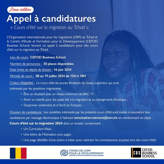 Appel à candidature pour la seconde édition des cours d’été sur la Migration au Tchad