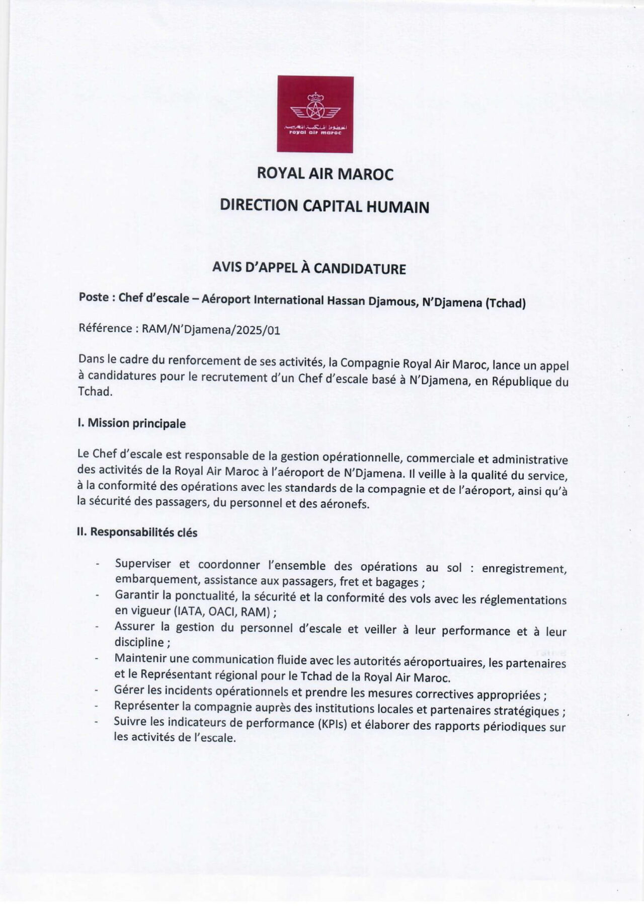 Royal Air Maroc (RAM) recrute un chef d’escale, N’Djamena, Tchad ...