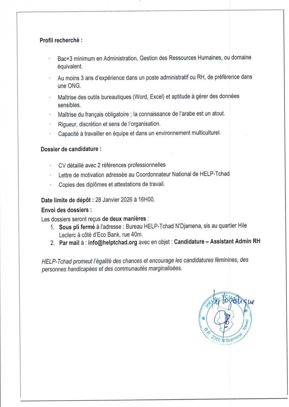 L’Association Help-Tchad pour le Développement (AHTD) recrute deux (02 ...