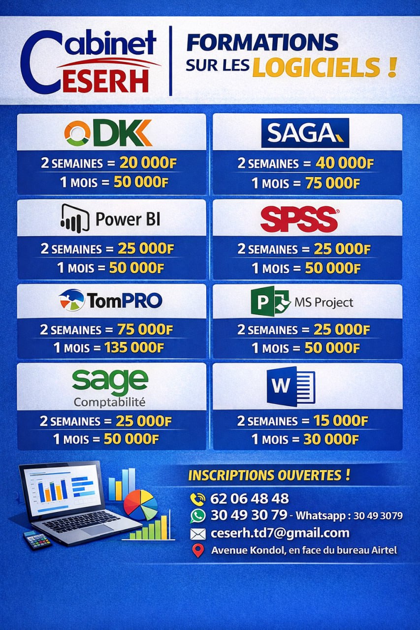 Le Cabinet d&rsquo;Etudes Socio-Economiques et des Ressources Humaines (CESERH) lance une session de formation sur les logiciels ODK, SAGA, Power BI, SPSS, TomPRO, MS Project, Sage Comptabilité, Microsoft Word, N&rsquo;Djamena, Tchad