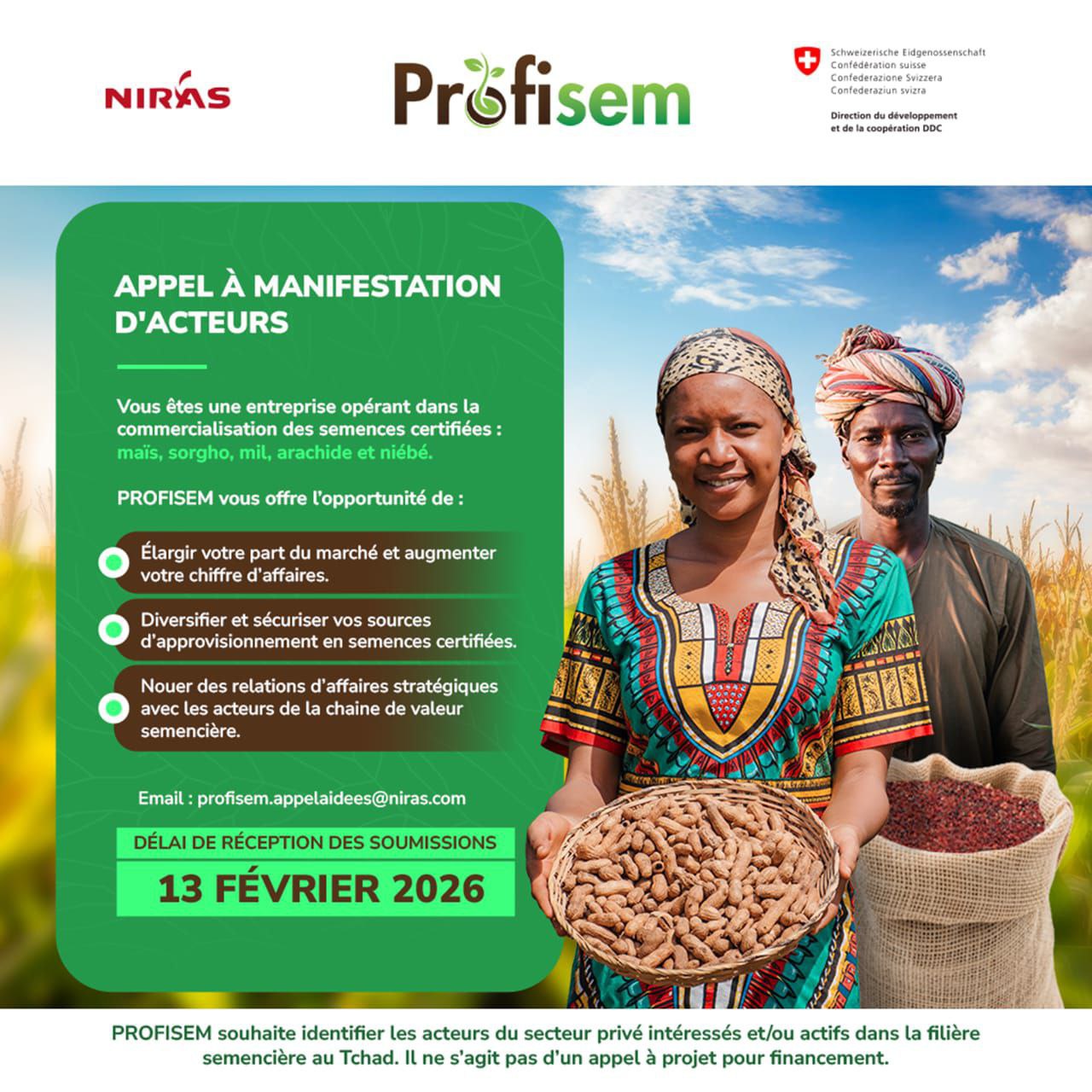 PROFISEM lance un appel à manifestation d&rsquo;intérêt pour identifier les acteurs du secteur privé intéressés et/ou actifs dans la filière semencière au Tchad
