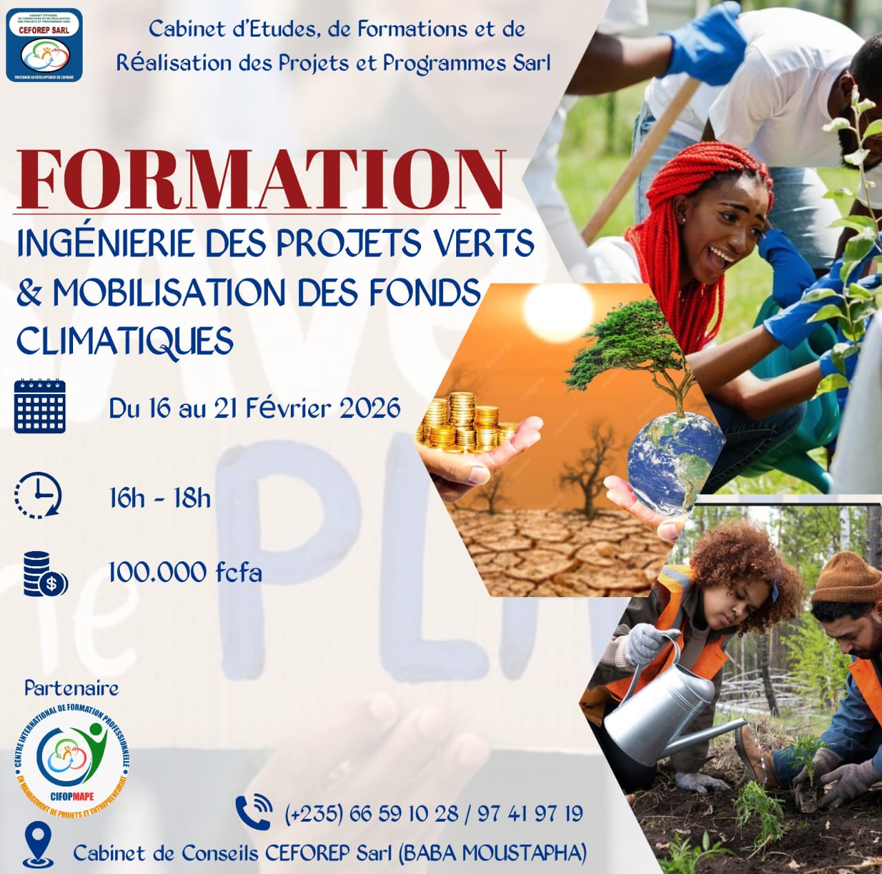 Le Cabinet CEFOREP SARL, en partenariat avec le CIFOPMAPE, organise une formation en Ingénierie des projets verts et Stratégies de mobilisation de fonds climatiques, N&rsquo;Djamena, Tchad