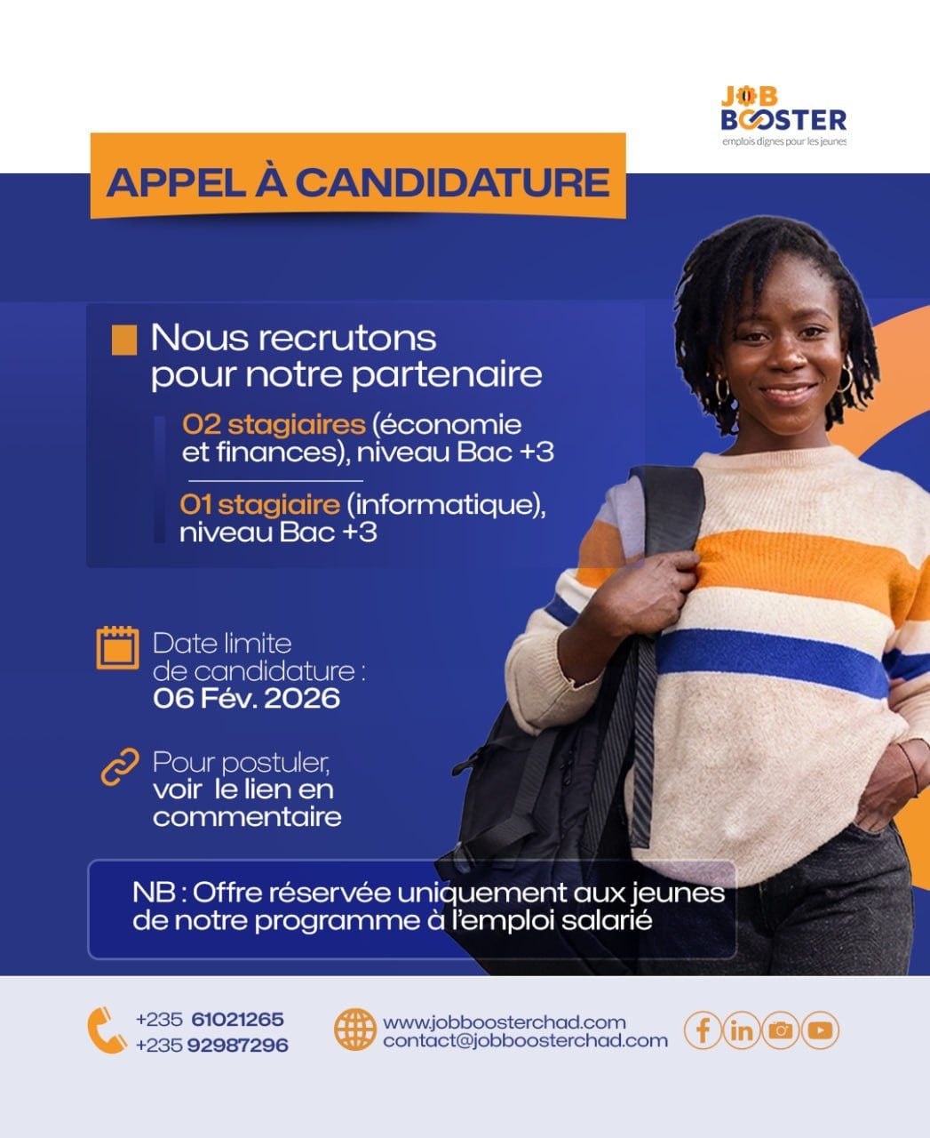 Appel à candidatures pour le recrutement d&rsquo;un stagiaire en Informatique et de deux (02) stagiaires en Economie & Finance, N&rsquo;Djamena, Tchad