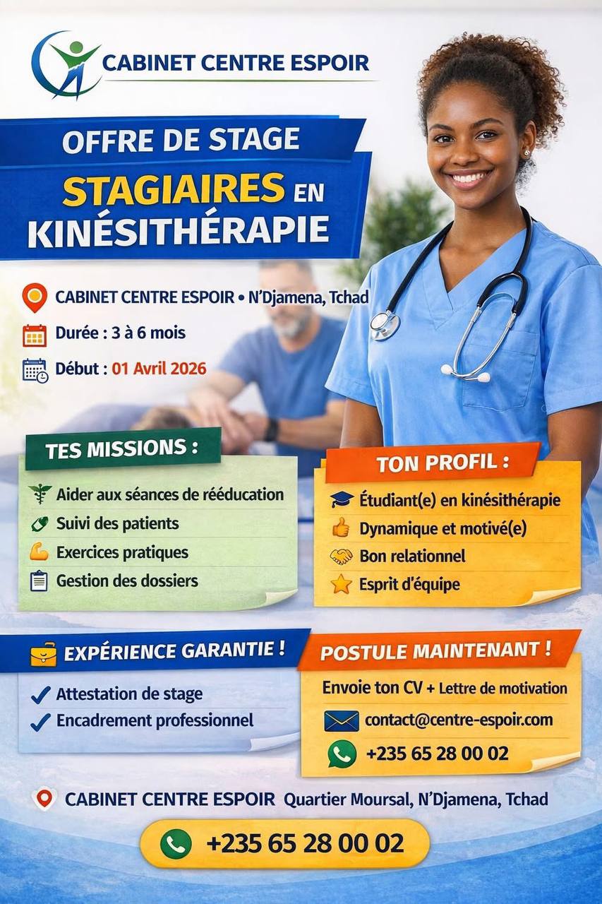 Le Cabinet Centre Espoir recrute un Stagiaire en Kinésithérapie, N&rsquo;Djamena, Tchad