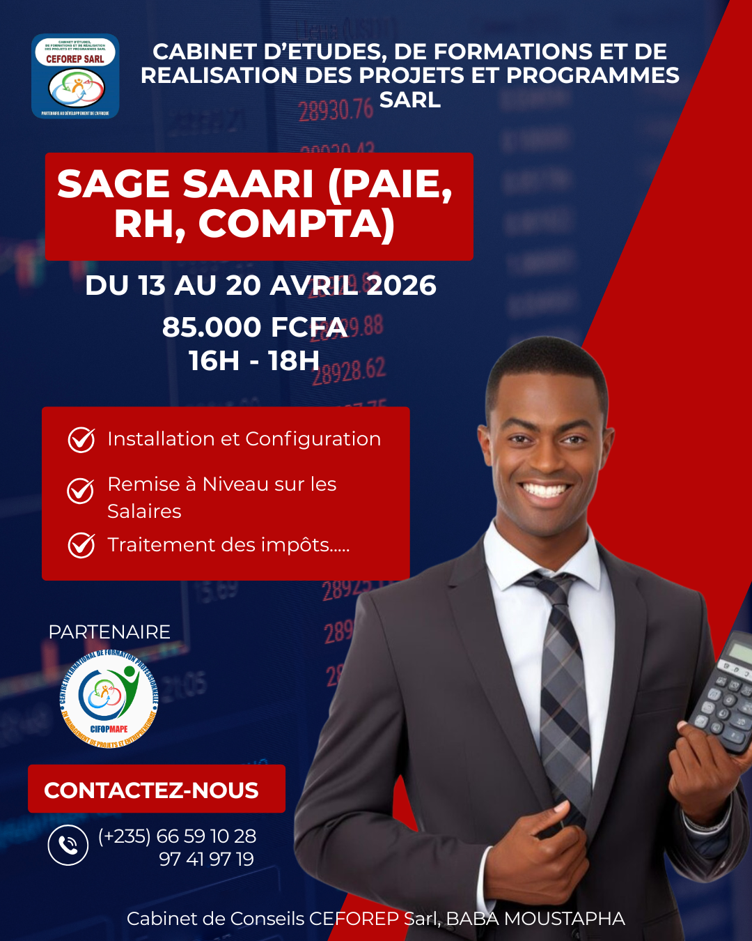 Le Cabinet de Conseils CEFOREP Sarl en partenariat avec le Centre International CIFOPMAPE, organise une formation certifiante SAGE SAARI (Paie, RH & Comptabilité), N&rsquo;Djamena, Tchad