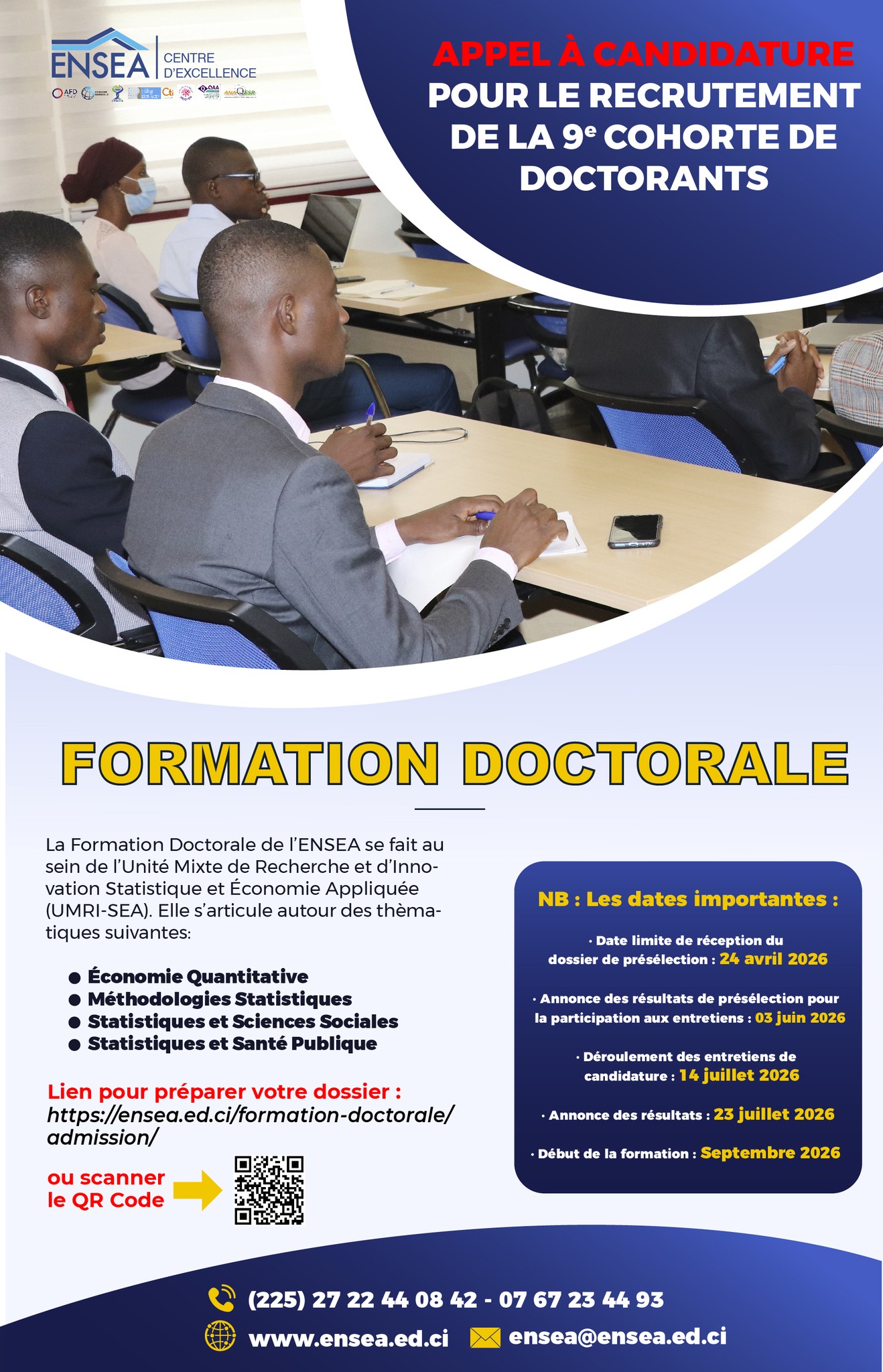 L&rsquo;ENSEA d&rsquo;Abidjan, Centre d&rsquo;Excellence Africain, lance un appel à candidatures pour le recrutement de la neuvième (9ème) cohorte d&rsquo;étudiants en thèse de doctorat au titre de l&rsquo;année académique 2025-2026