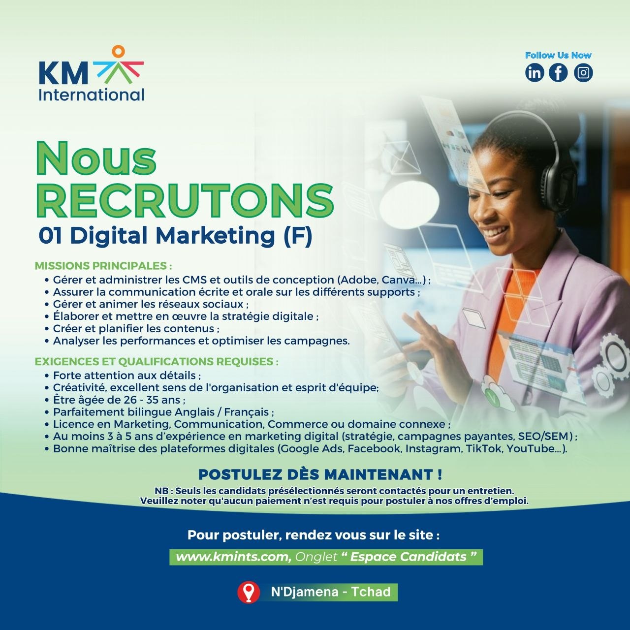 KMI HR PARTENRS TCHAD recrute un Digital Marketing pour l&rsquo;un de ses clients, N&rsquo;Djamena, Tchad