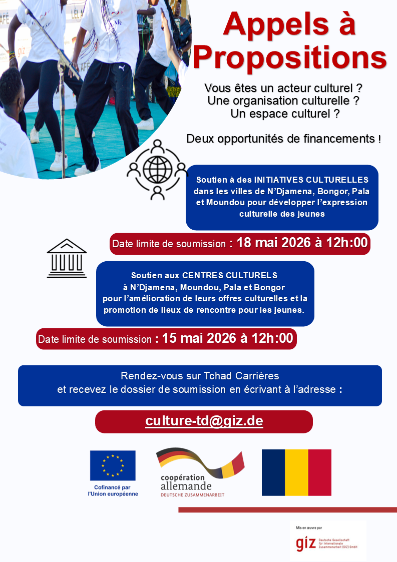 Appel à Propositions du Projet LEL AFE, cofinancé par le Ministère fédéral allemand des Affaires étrangères (AA) et l&rsquo;Union européenne, mis en œuvre par la Deutsche Gesellschaft für Internationale Zusammenarbeit (GIZ) GmbH », Tchad