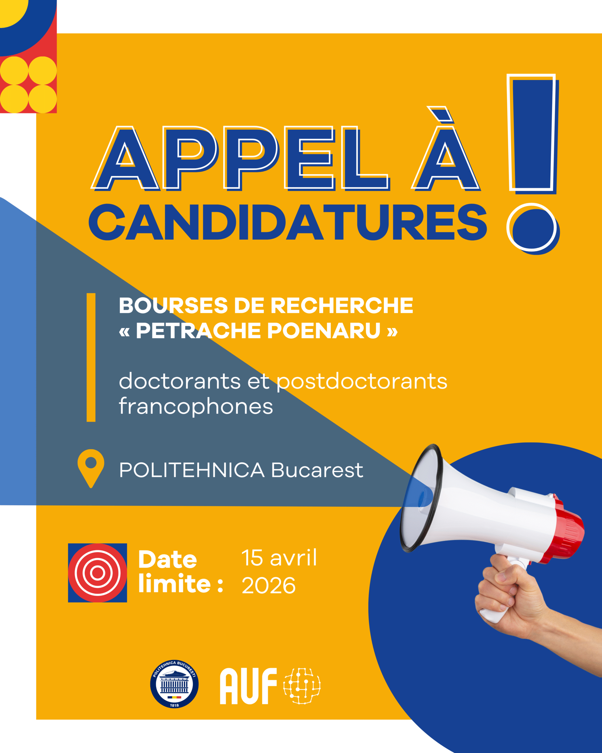 Appel à candidature pour le programme de bourses de recherche Petrache Poenaru 