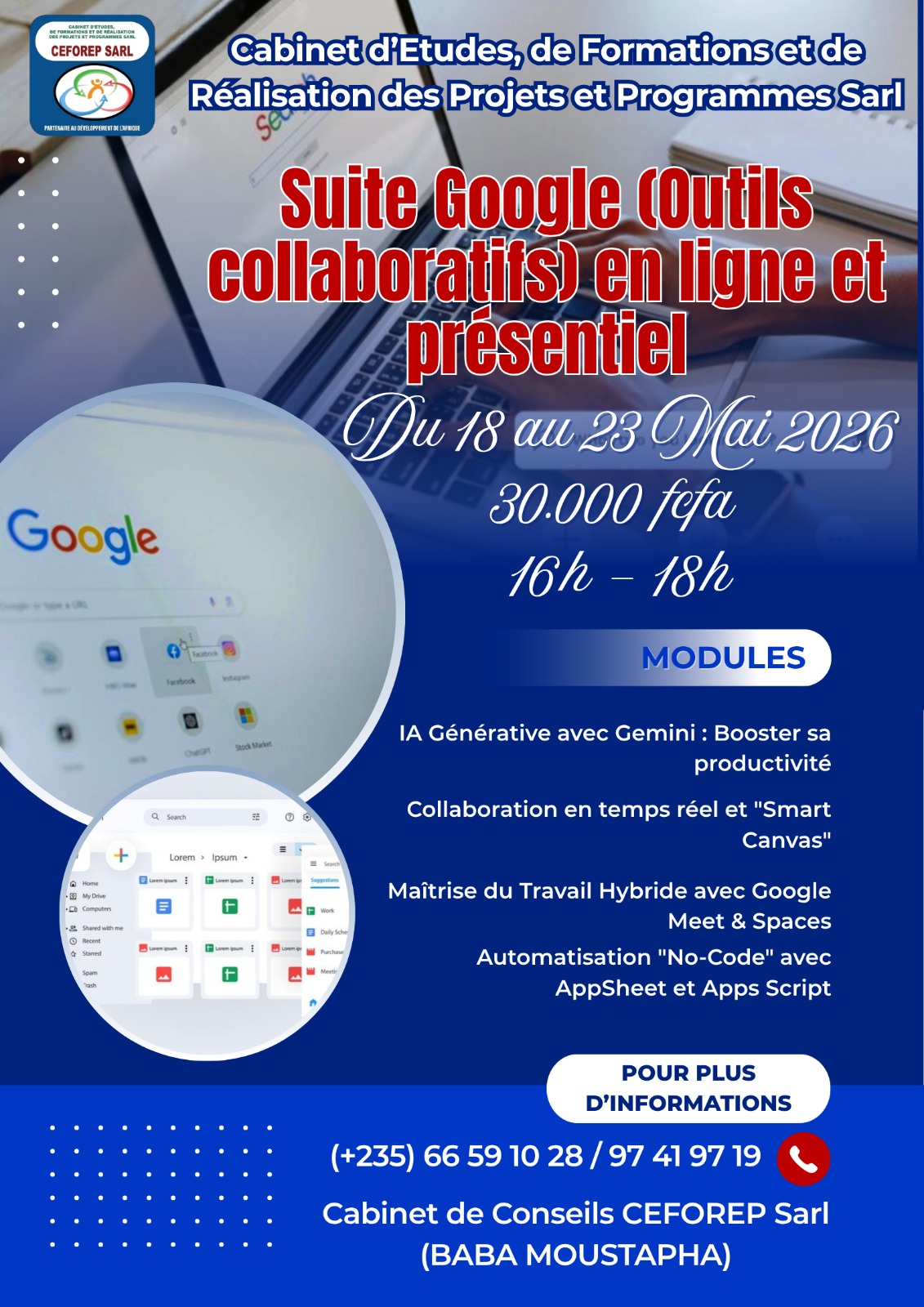 Le cabinet CEFOREP SARL organise une formation sur les outils collaboratifs google workspace & IA générative 
