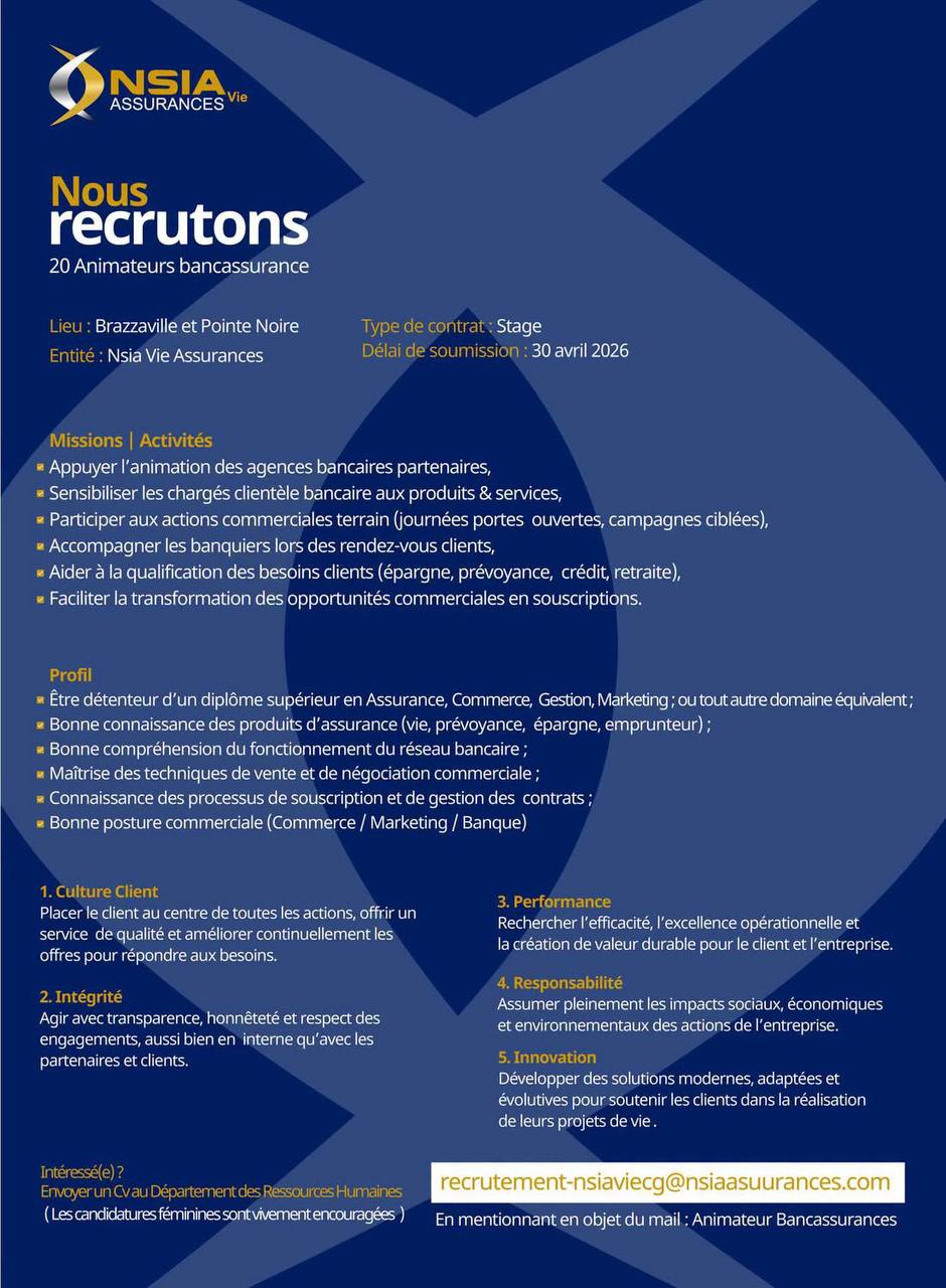 NSIA Vie Assurances recrute 20 Stagiaires Animateurs Bancassurance, Brazzaville & Pointe-Noire