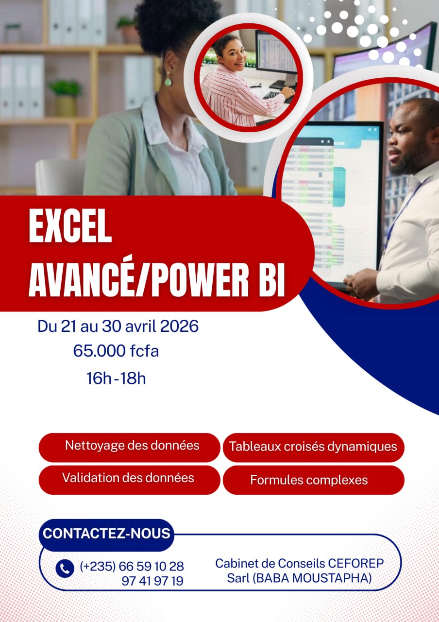 Le Centre International CIFOPMAPE en collaboration avec le Cabinet CEFOREP Sarl, organise une formation sur Excel Avancé & Power BI, N&rsquo;Djamena, Tchad