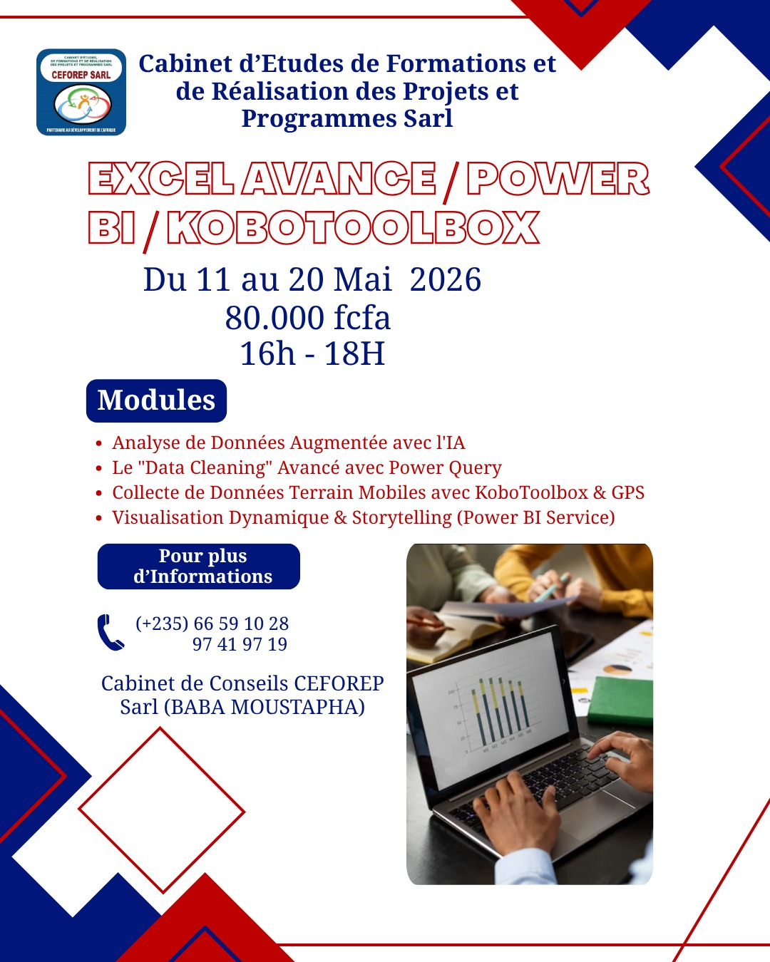 Le Cabinet de Conseils CEFOREP SARL organise une formation sur Excel avancé, Kobotoolbox et Power BI, N&rsquo;Djamena, Tchad