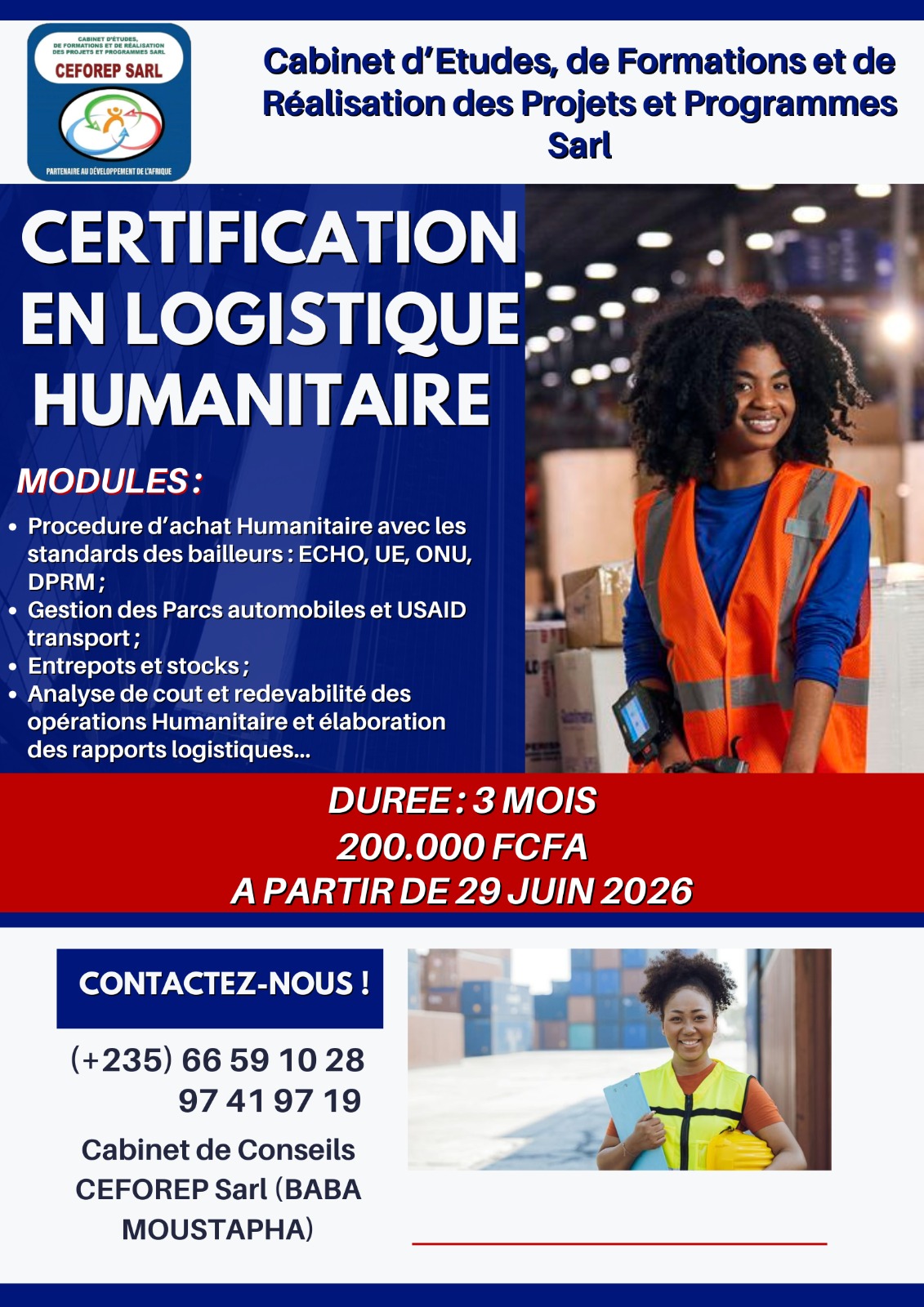 Le Cabinet de Conseils CEFOREP Sarl organise une certification professionnelle en Logistique Humanitaire, N&rsquo;Djamena, Tchad