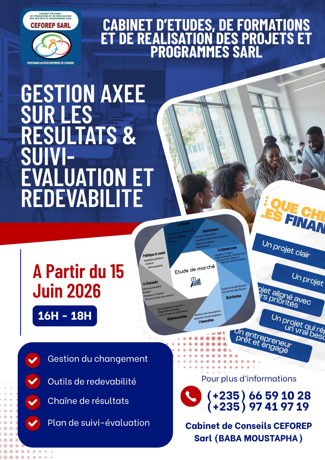 Le Cabinet de Conseils CEFOREP SARL organise une certification professionnelle en gestion axée sur les résultats (GAR), suivi-évaluation et redevabilité, N&rsquo;Djamena, Tchad