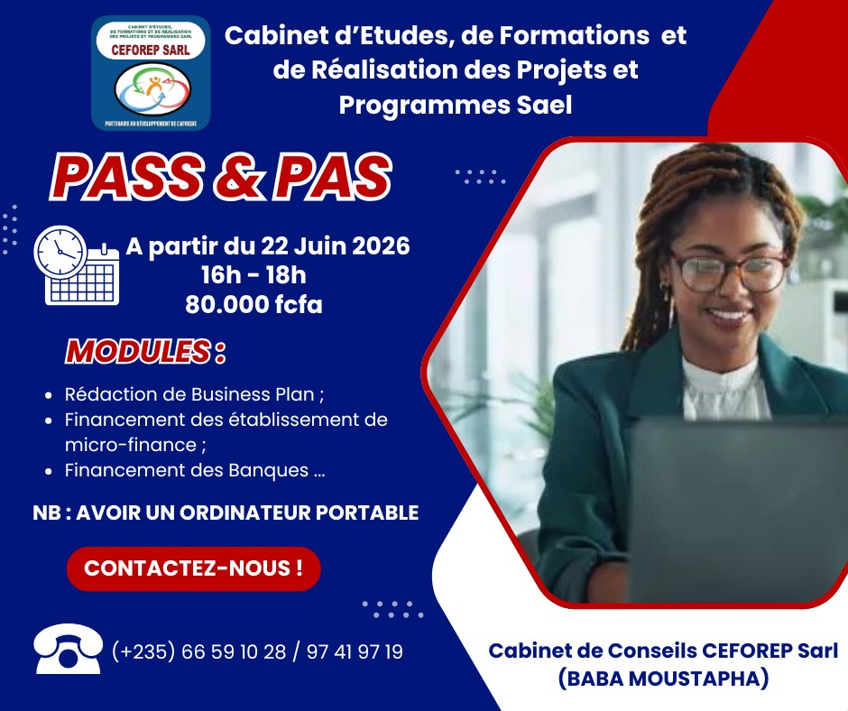 Le Cabinet de Conseils CEFOREP Sarl organise une formation pratique en montage de business plan et ingénierie de financement (PASS & PAS), N&rsquo;Djamena, Tchad
