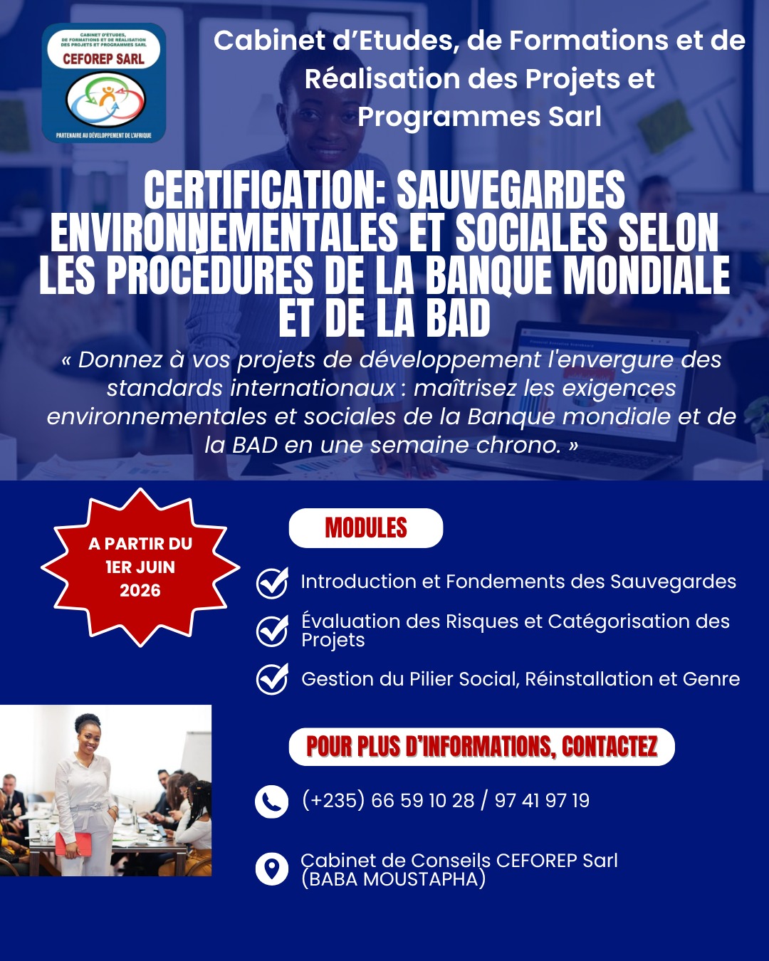 Le Cabinet de Conseils CEFOREP SARL organise une certification professionnelle en sauvegardes environnementales et sociales selon les procédures de la Banque Mondiale et de la BAD, N&rsquo;Djamena, Tchad