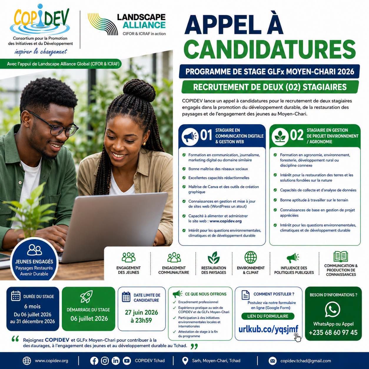 COPIDEV, avec l’appui de Landscape Alliance Global (CIFOR & ICRAF), recrute deux (02) stagiaires, Sarh, Tchad