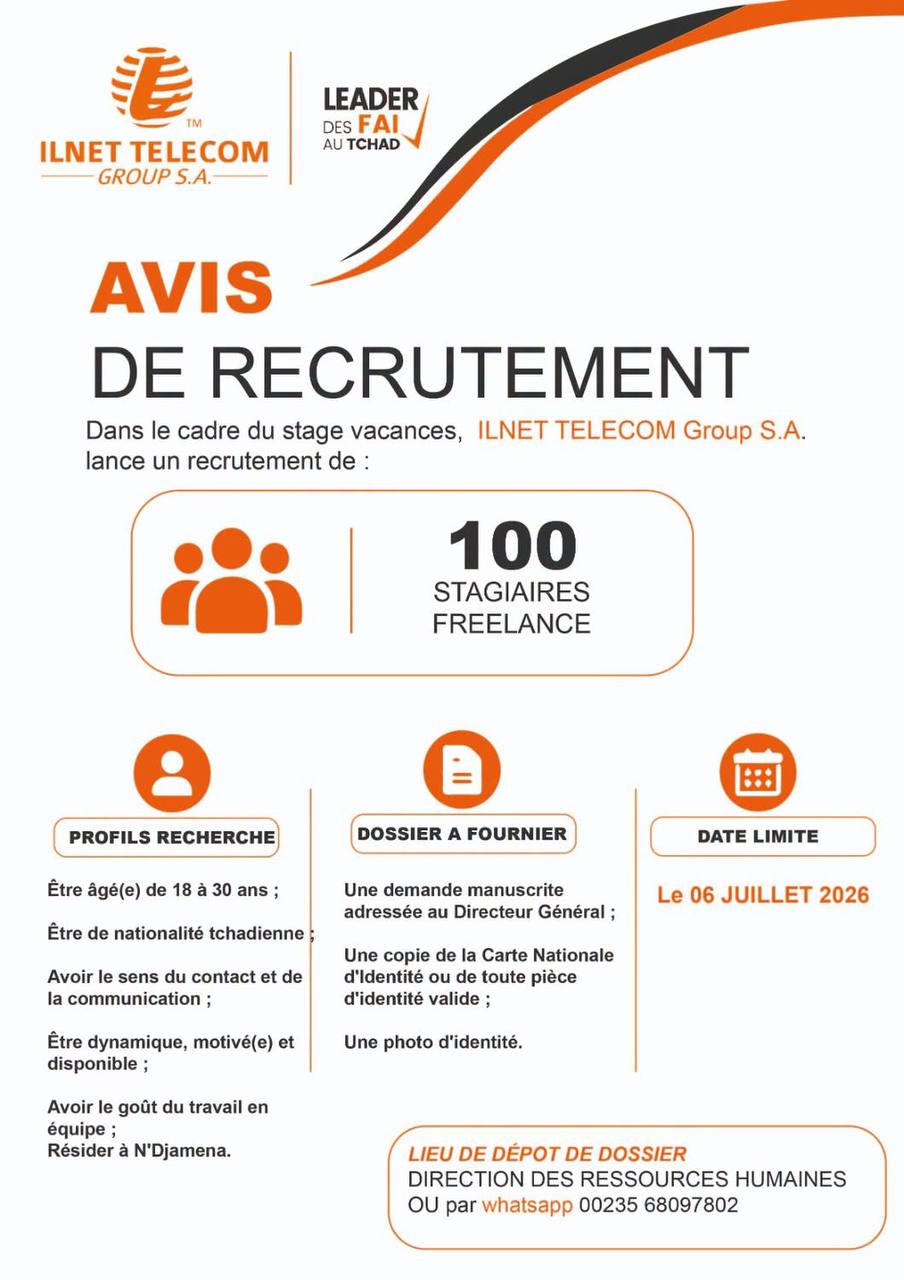 ILNET TELECOM Group S.A. lance le recrutement de 100 stagiaires freelance, N&rsquo;Djamena, Tchad