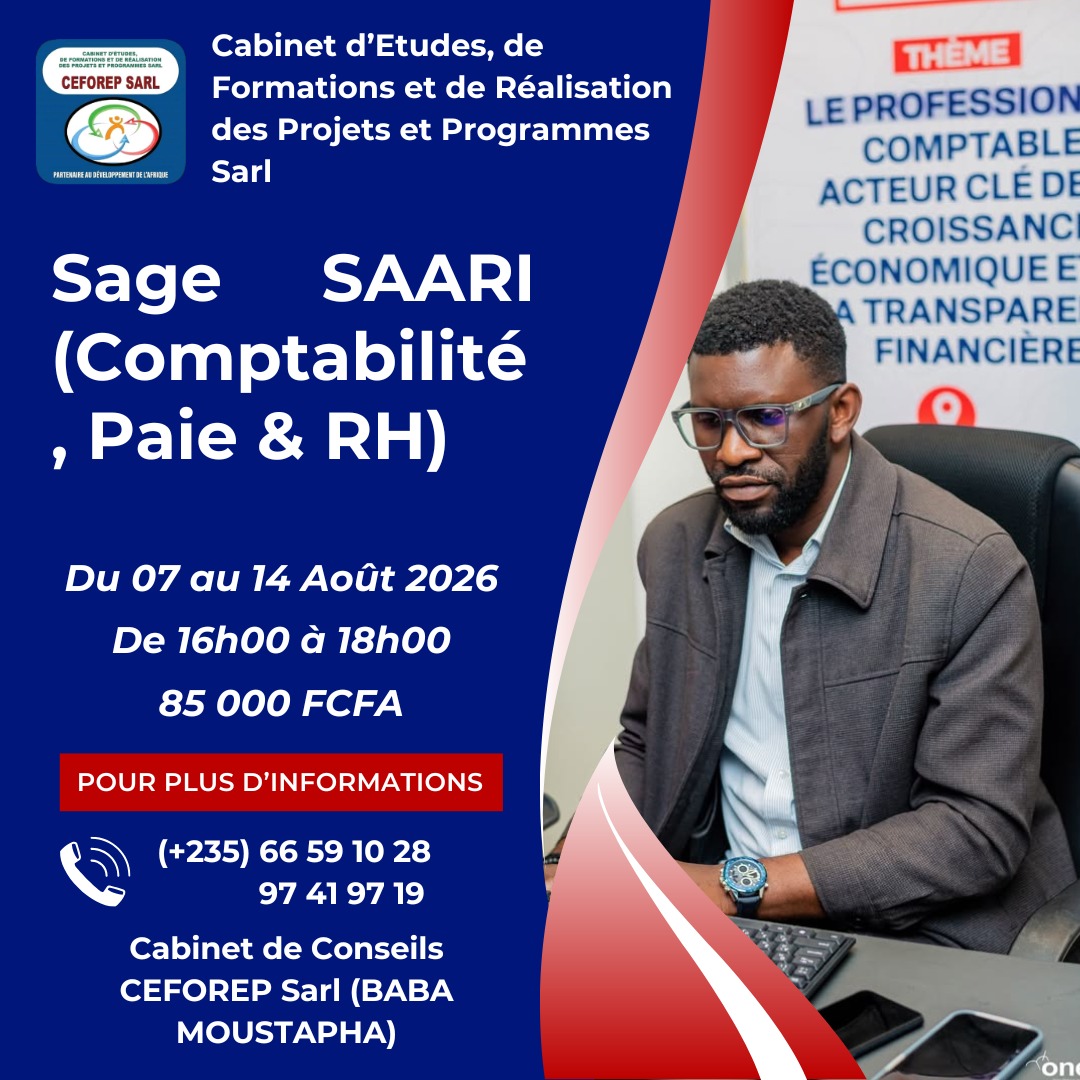 CEFOREP SARL organise une formation sur Sage Saari (Comptabilité, Paie & RH), N&rsquo;Djamena, Tchad 
