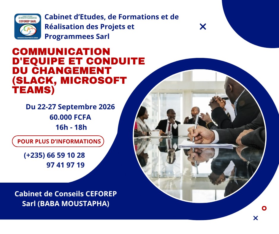 CEFOREP Sarl organise une formation en Communication d&rsquo;équipe et Changement (Slack, Microsoft Teams)