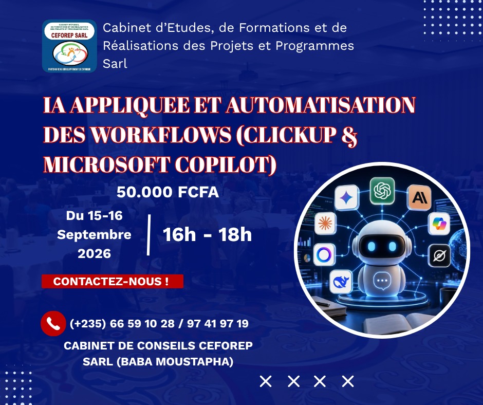 Le Cabinet CEFOREP Sarl organise une formation en IA Appliquée et Automatisation des Workflows