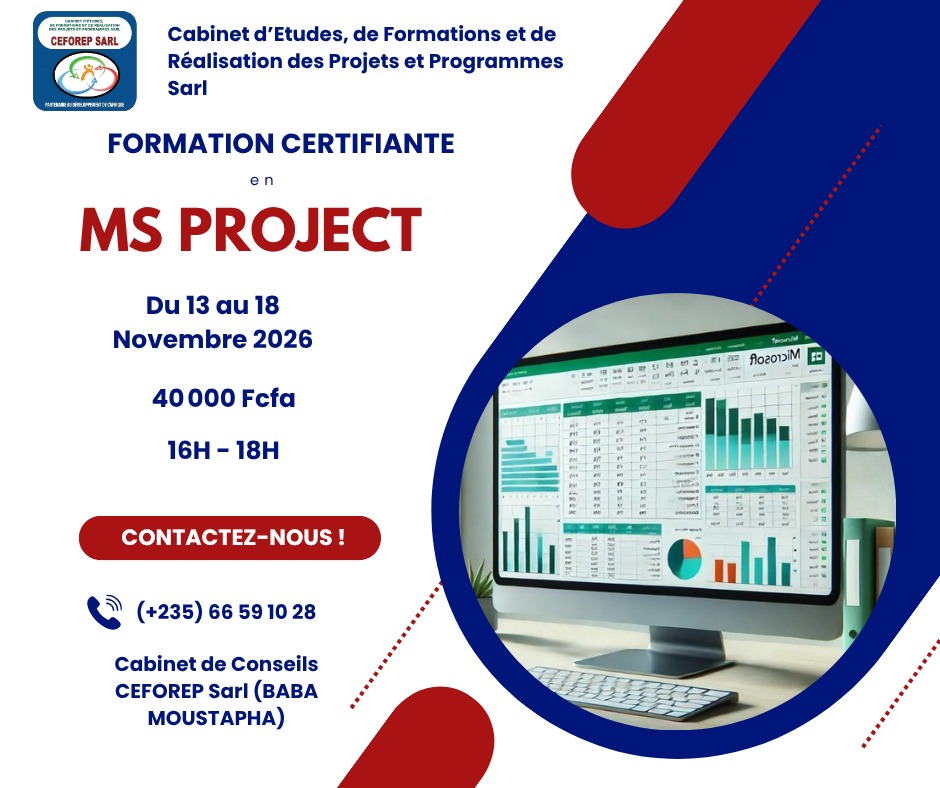 CEFOREP Sarl organise une formation certifiante en MS project, N&rsquo;Djamena, Tchad