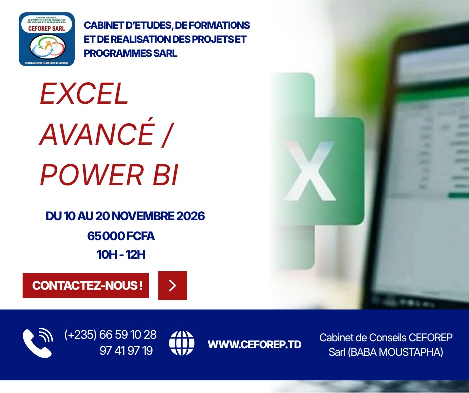 CEFOREP Sarl organise une formation en Excel avancé/ Power BI, N&rsquo;Djamena, Tchad