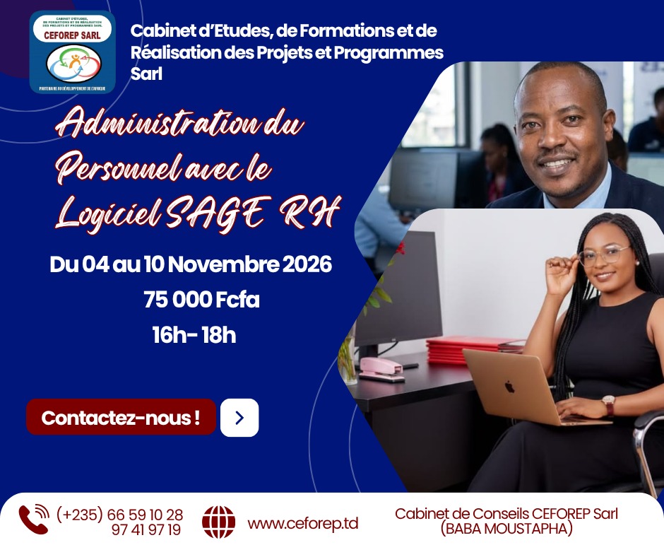 CEFOREP Sarl organise une formation en administration du personnel avec le logiciel SAGE RH, N&rsquo;Djamena, Tchad