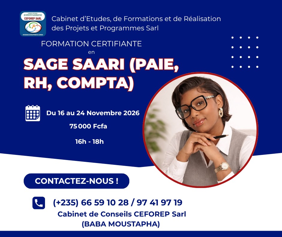 CEFOREP Sarl organise une formation certifiante en Sage Saari(Paie, RH, Compta), N&rsquo;Djamena,Tchad
