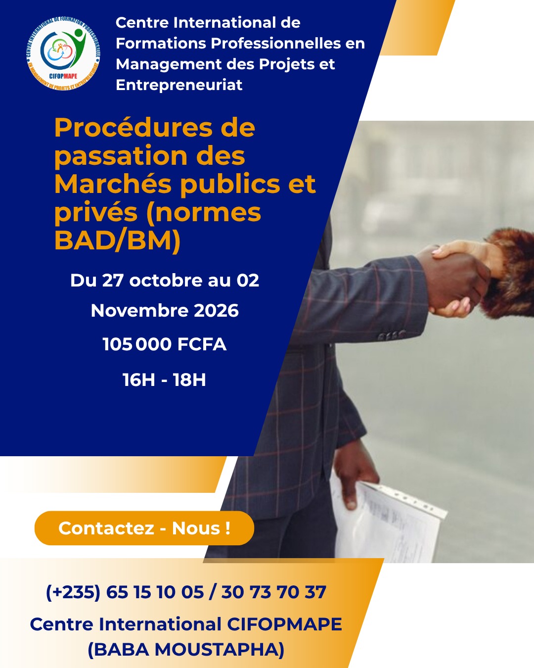Le Centre International CIFOPMAPE organise une formation sur les Procédures de Passation des Marchés Publics et Privés (Normes BAD et Banque Mondiale)